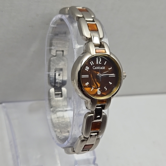 Womens Carriage By Timex Quartz Watch Silver Tone Amber Brown MOP New Battery - Picture 3 of 9